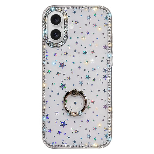 iPhone 17 Rhinestone Ring Holder Dual-side IMD PC Hybrid TPU Phone Case - Stars Transparent