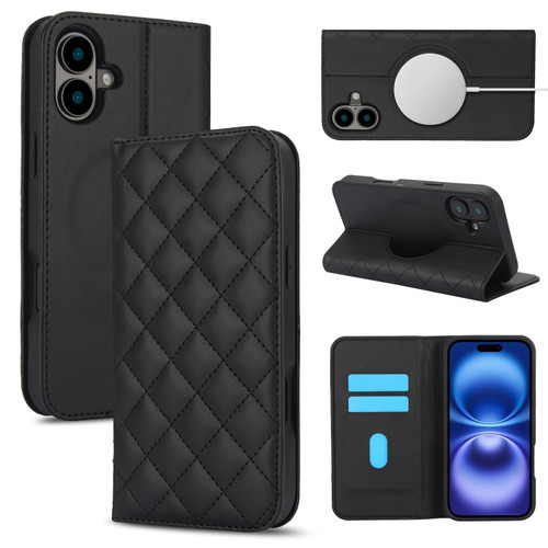 iPhone 17 Rhombic MagSafe RFID Anti-Theft Wallet Leather Phone Case - Black