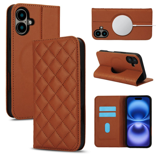 iPhone 17 Rhombic MagSafe RFID Anti-Theft Wallet Leather Phone Case - Brown