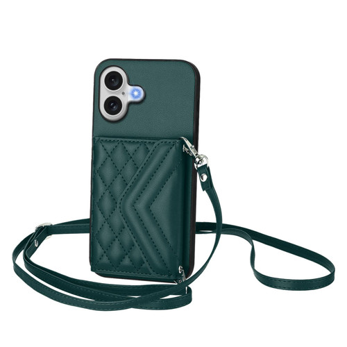 iPhone 17 Rhombic Texture Card Bag RFID Phone Case with Long Lanyard - Green