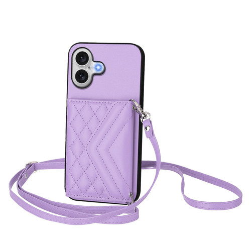 iPhone 17 Rhombic Texture Card Bag RFID Phone Case with Long Lanyard - Light Purple