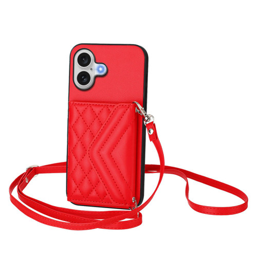 iPhone 17 Rhombic Texture Card Bag RFID Phone Case with Long Lanyard - Red