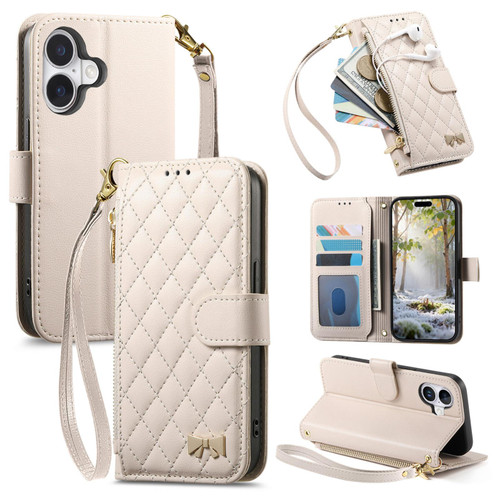 iPhone 17 Rhombic Texture Zipper Wallet Metal Bow-knot Vegan Leather Phone Case with Strap - Beige