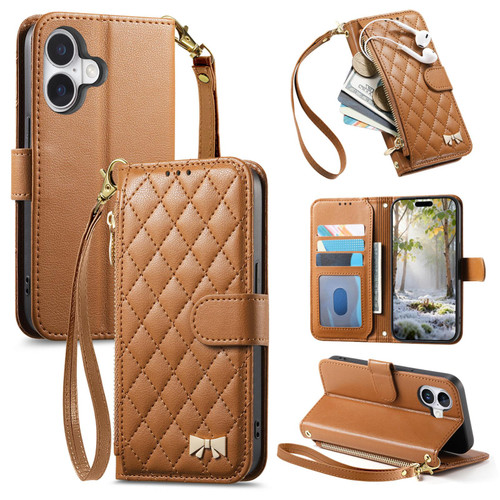 iPhone 17 Rhombic Texture Zipper Wallet Metal Bow-knot Vegan Leather Phone Case with Strap - Brown