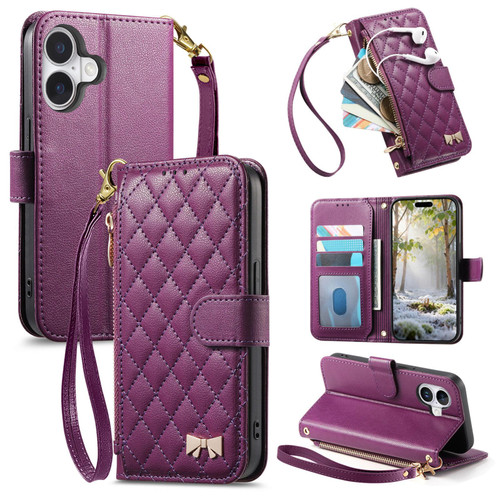 iPhone 17 Rhombic Texture Zipper Wallet Metal Bow-knot Vegan Leather Phone Case with Strap - Purple