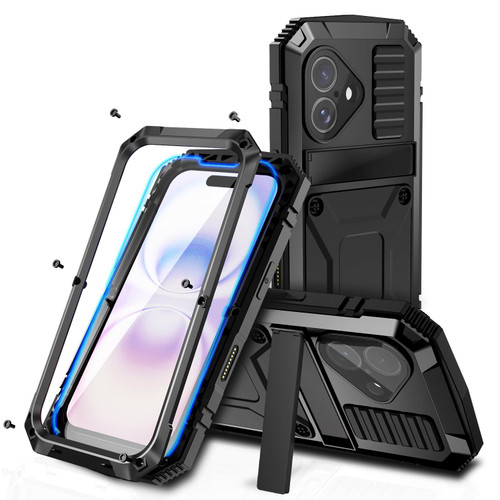 iPhone 17 R-JUST Metal + Silicone + Tempered Glass Life Waterproof Phone Case with Holder - Black
