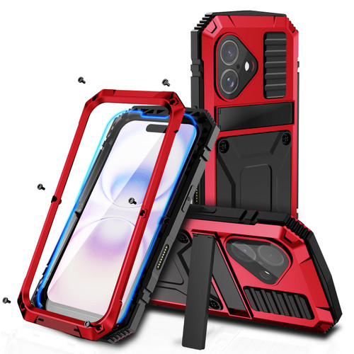 iPhone 17 R-JUST Metal + Silicone + Tempered Glass Life Waterproof Phone Case with Holder - Red