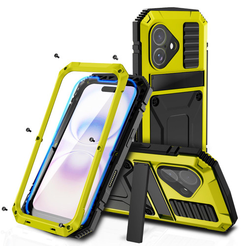 iPhone 17 R-JUST Metal + Silicone + Tempered Glass Life Waterproof Phone Case with Holder - Yellow