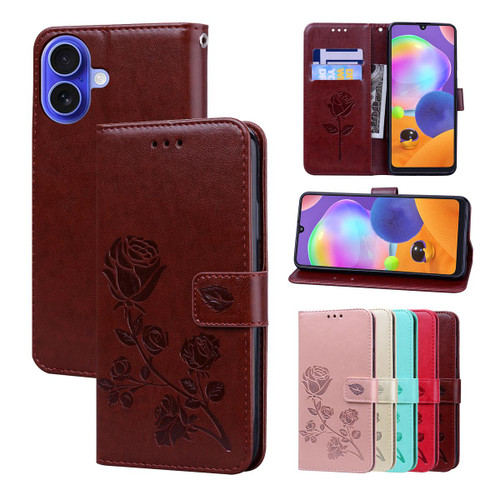 iPhone 17 Rose Embossed Flip PU Leather Phone Case - Brown
