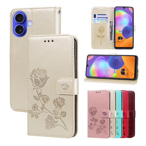 iPhone 17 Rose Embossed Flip PU Leather Phone Case - Gold