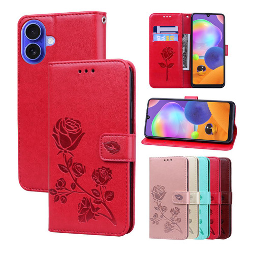 iPhone 17 Rose Embossed Flip PU Leather Phone Case - Red