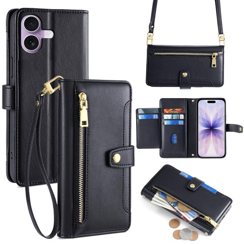 iPhone 17 Sheep Texture Cross-body Zipper Wallet Leather Phone Case - Black