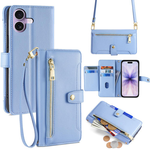 iPhone 17 Sheep Texture Cross-body Zipper Wallet Leather Phone Case - Blue