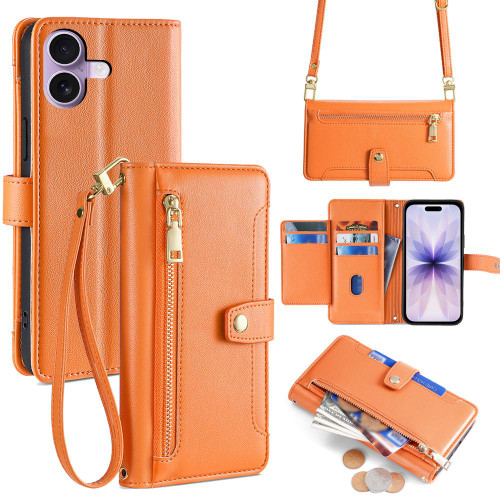 iPhone 17 Sheep Texture Cross-body Zipper Wallet Leather Phone Case - Orange