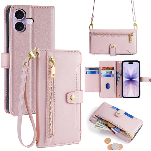 iPhone 17 Sheep Texture Cross-body Zipper Wallet Leather Phone Case - Pink