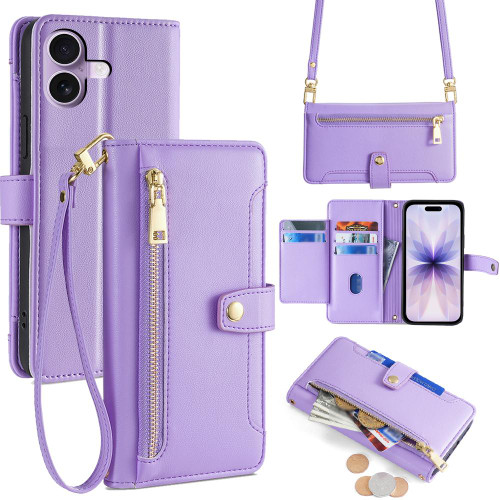 iPhone 17 Sheep Texture Cross-body Zipper Wallet Leather Phone Case - Purple