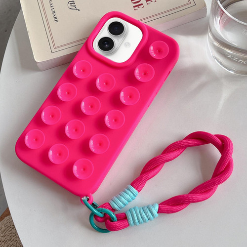 iPhone 17 Simple Suction Cup Silicone Phone Case with Lanyard - Rose Red