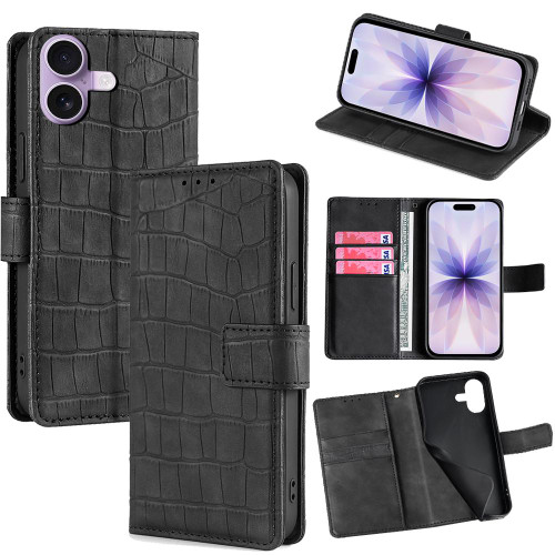 iPhone 17 Skin Feel Crocodile Magnetic Clasp Leather Phone Case - Black