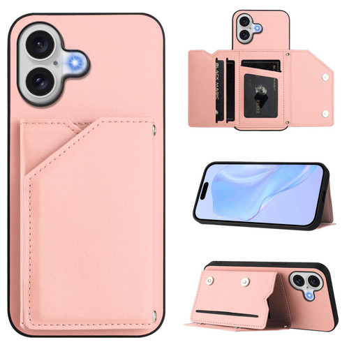iPhone 17 Skin Feel Four Card Slots Phone Case with Wrist Strap - Pink
