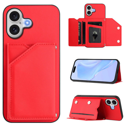iPhone 17 Skin Feel Four Card Slots Phone Case with Wrist Strap - Red