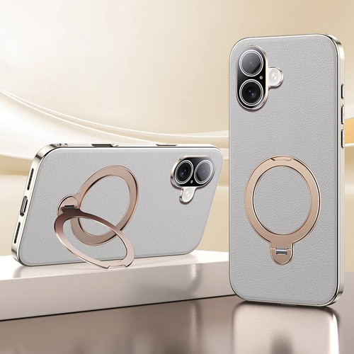 iPhone 17 Skin Feel Leather Texture Cooling MagSafe Phone Case with 360 Degrees Rotating Holder - Grey