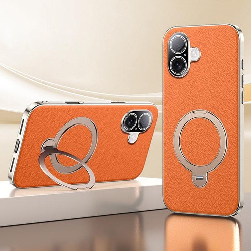 iPhone 17 Skin Feel Leather Texture Cooling MagSafe Phone Case with 360 Degrees Rotating Holder - Orange