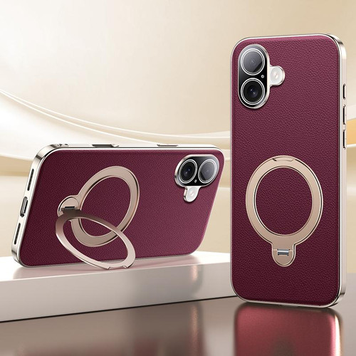 iPhone 17 Skin Feel Leather Texture Cooling MagSafe Phone Case with 360 Degrees Rotating Holder - Red