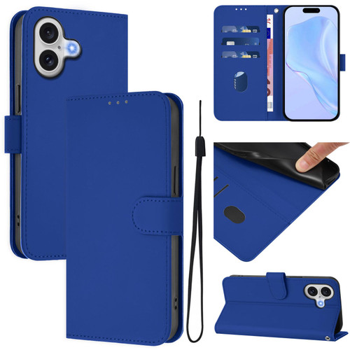 iPhone 17 Skin Feel Solid Color Leather Phone Case with Lanyard - Dark Blue