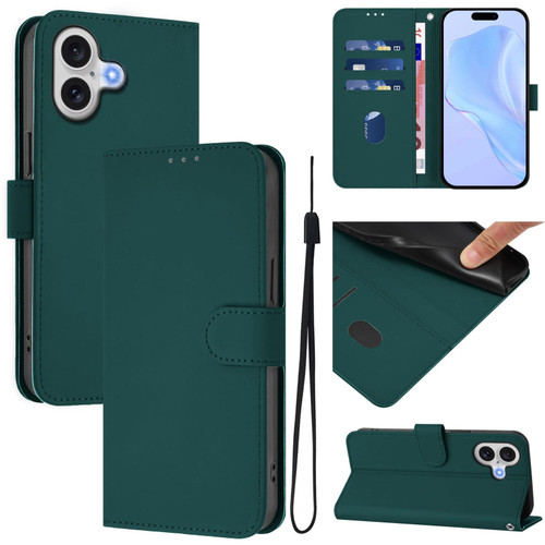 iPhone 17 Skin Feel Solid Color Leather Phone Case with Lanyard - Dark Green