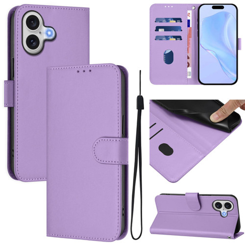 iPhone 17 Skin Feel Solid Color Leather Phone Case with Lanyard - Lavender Purple