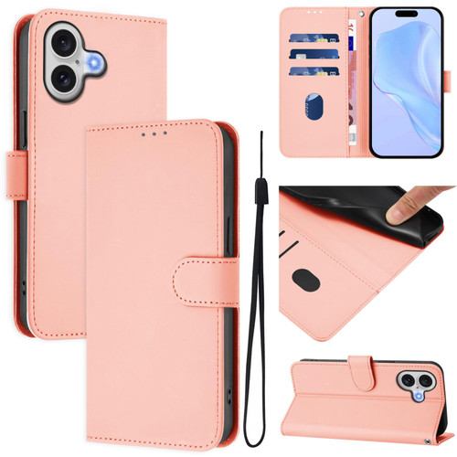 iPhone 17 Skin Feel Solid Color Leather Phone Case with Lanyard - Pink