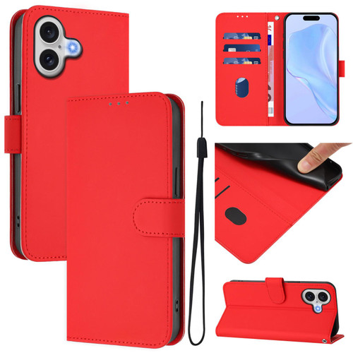 iPhone 17 Skin Feel Solid Color Leather Phone Case with Lanyard - Red