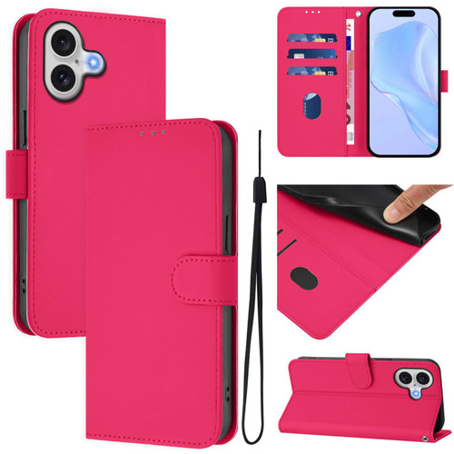 iPhone 17 Skin Feel Solid Color Leather Phone Case with Lanyard - Rose Red