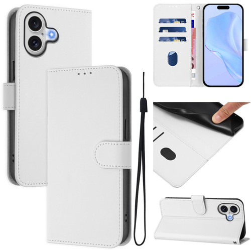 iPhone 17 Skin Feel Solid Color Leather Phone Case with Lanyard - White