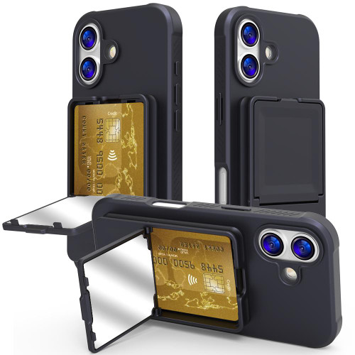 iPhone 17 Skin Feel TPU Hidden Mirror Card Bag Phone Case with Stand - Black