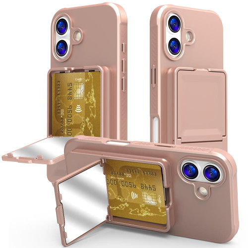 iPhone 17 Skin Feel TPU Hidden Mirror Card Bag Phone Case with Stand - Rose Gold