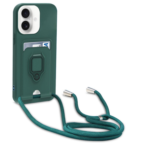 iPhone 17 Sliding Camshield Magnetic Card Holder Silicone Phone Case with Lanyard - Dark Night Green