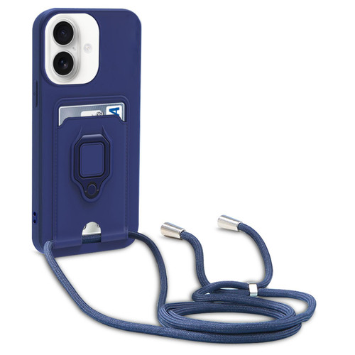 iPhone 17 Sliding Camshield Magnetic Card Holder Silicone Phone Case with Lanyard - Navy Blue