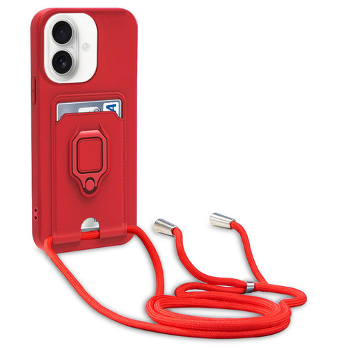 iPhone 17 Sliding Camshield Magnetic Card Holder Silicone Phone Case with Lanyard - Red