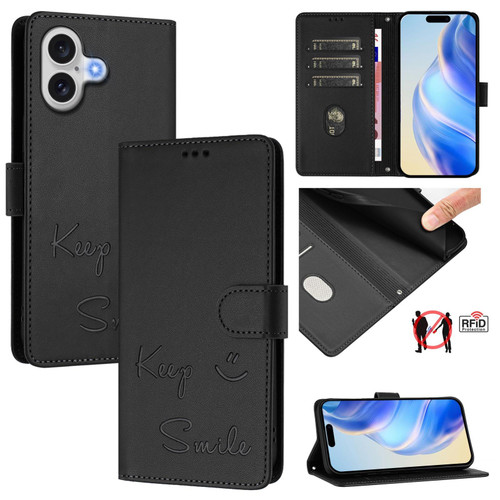 iPhone 17 Smile Embossing RFID Leather Phone Case - Black