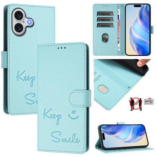 iPhone 17 Smile Embossing RFID Leather Phone Case - Mint Green