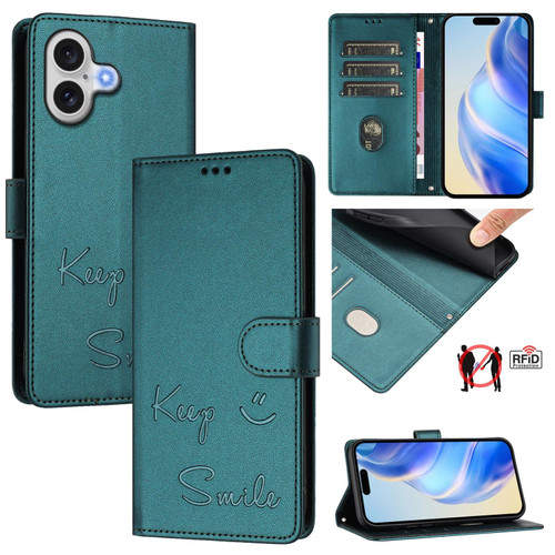 iPhone 17 Smile Embossing RFID Leather Phone Case - Peacock Green