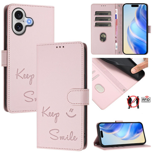 iPhone 17 Smile Embossing RFID Leather Phone Case - Pink