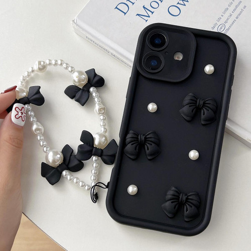 iPhone 17 Soft Silicone 3D Bowknot Pearl Phone Case with Beaded Wrist Strap - Black