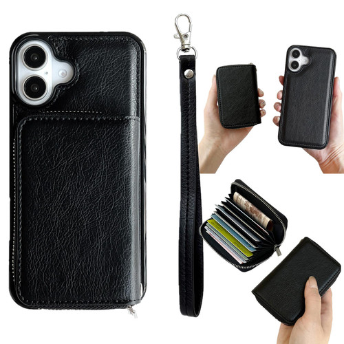 iPhone 17 Solid Color Zipper 11-Card Slots Bag Phone Case with Lanyard - Black
