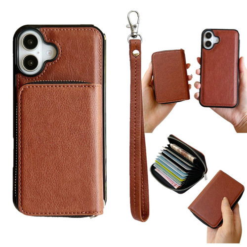 iPhone 17 Solid Color Zipper 11-Card Slots Bag Phone Case with Lanyard - Brown