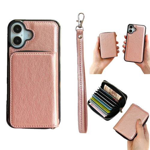 iPhone 17 Solid Color Zipper 11-Card Slots Bag Phone Case with Lanyard - Rose Gold