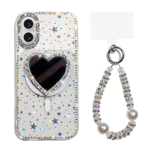 iPhone 17 Sparkling IMD Heart-Shaped Mirror Magnetic Phone Case with Bracelet - Star Transparent