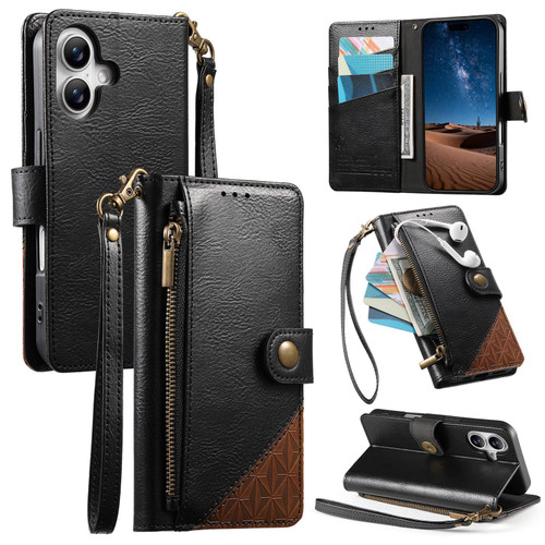 iPhone 17 Splicing Zipper Wallet Vegan Leather Phone Case with Strap - Black