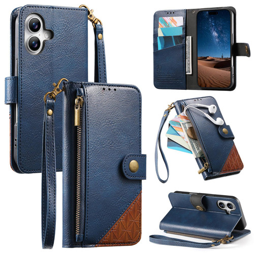 iPhone 17 Splicing Zipper Wallet Vegan Leather Phone Case with Strap - Blue